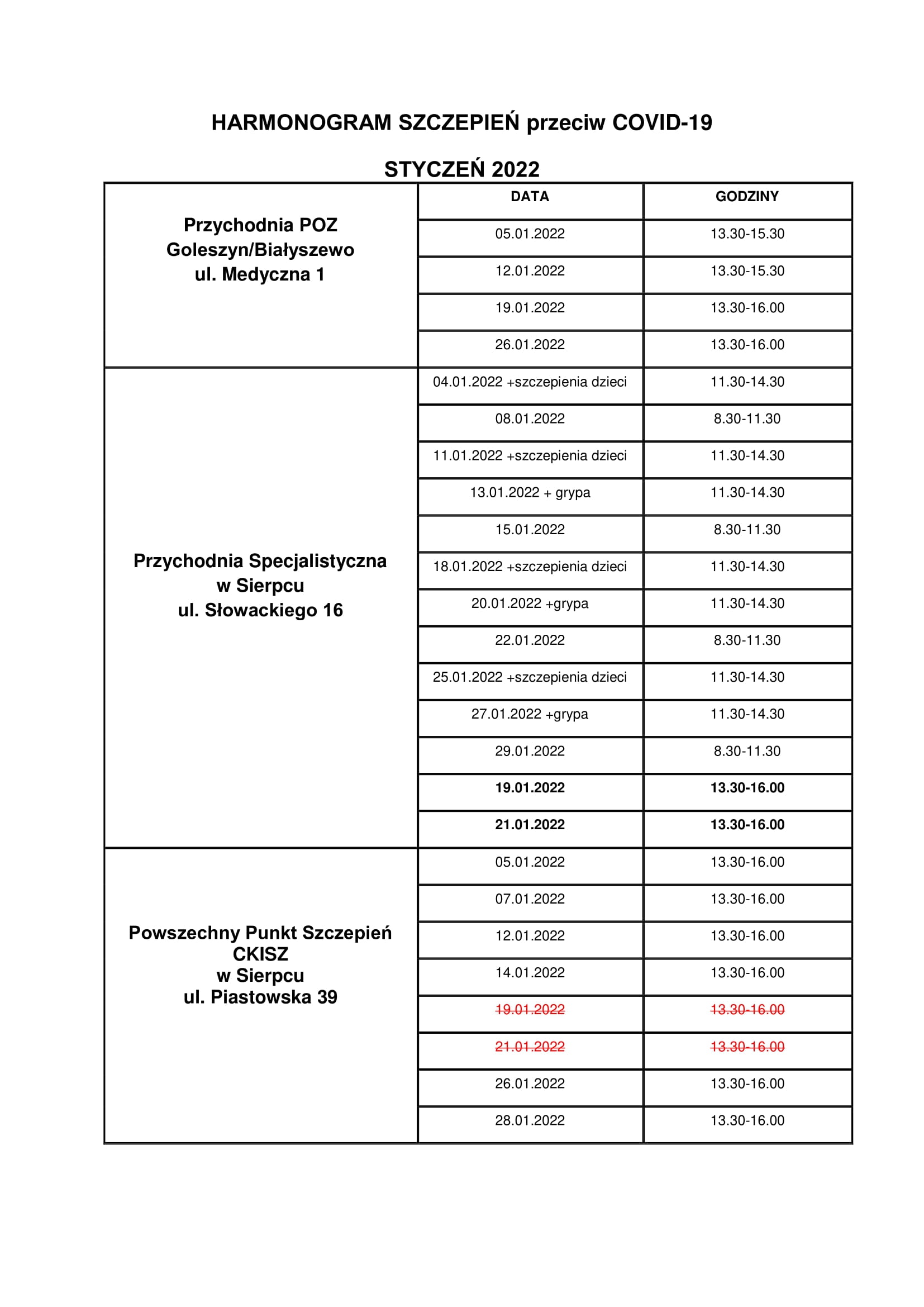 HARMONOGRAM SZCZEPIE przeciw COVID STYCZE 2022 1
