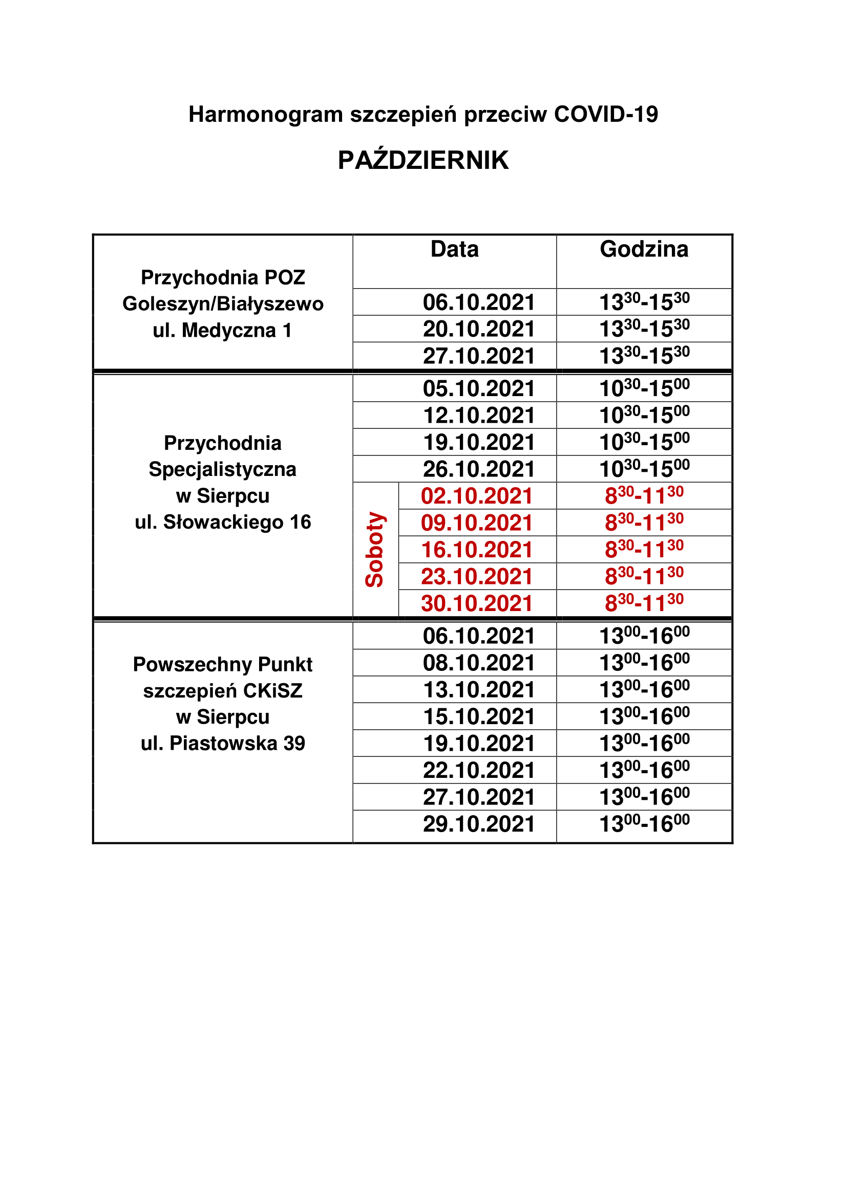 Harmonogram szczepie przeciw COVID 19 padziernik 1