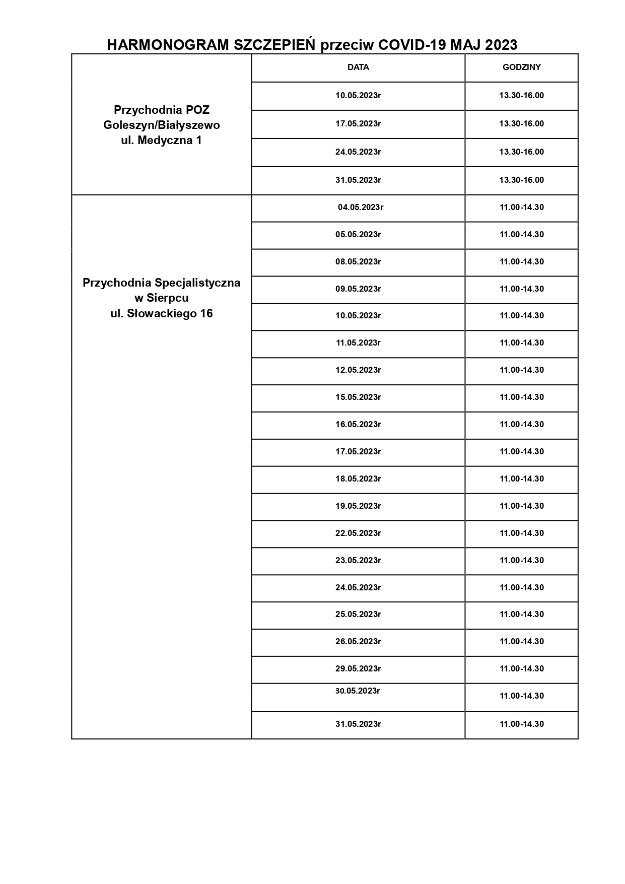 HARMONOGRAM SZCZEPIE MAJ 2023r page 0001