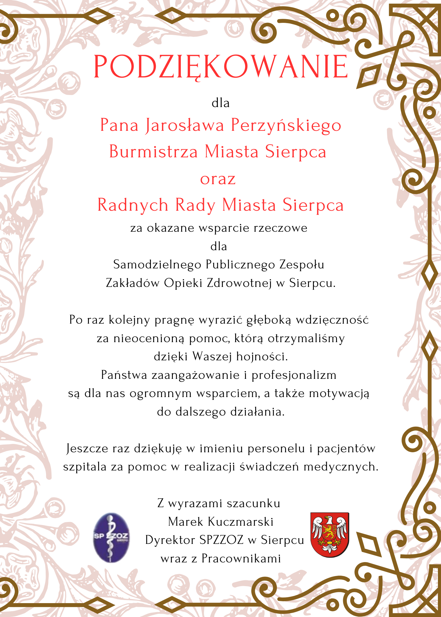 Podzikowania dla Burmistrza i Radnych Rady Miasta