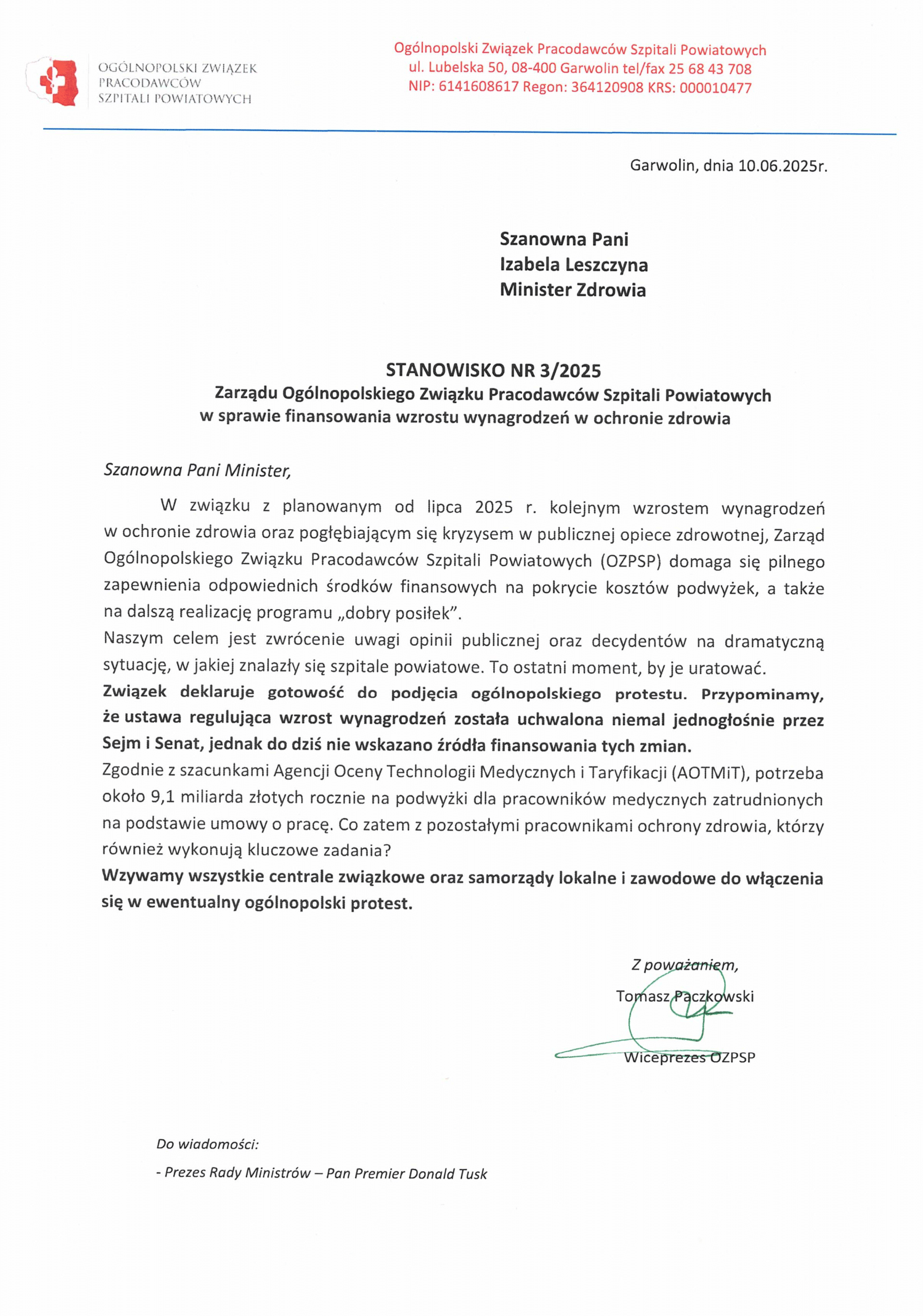 Stanowisko nr 3.2025 OZPSP ws. finansowania wzrostu wynagrodze w ochrnie zdrowia 1