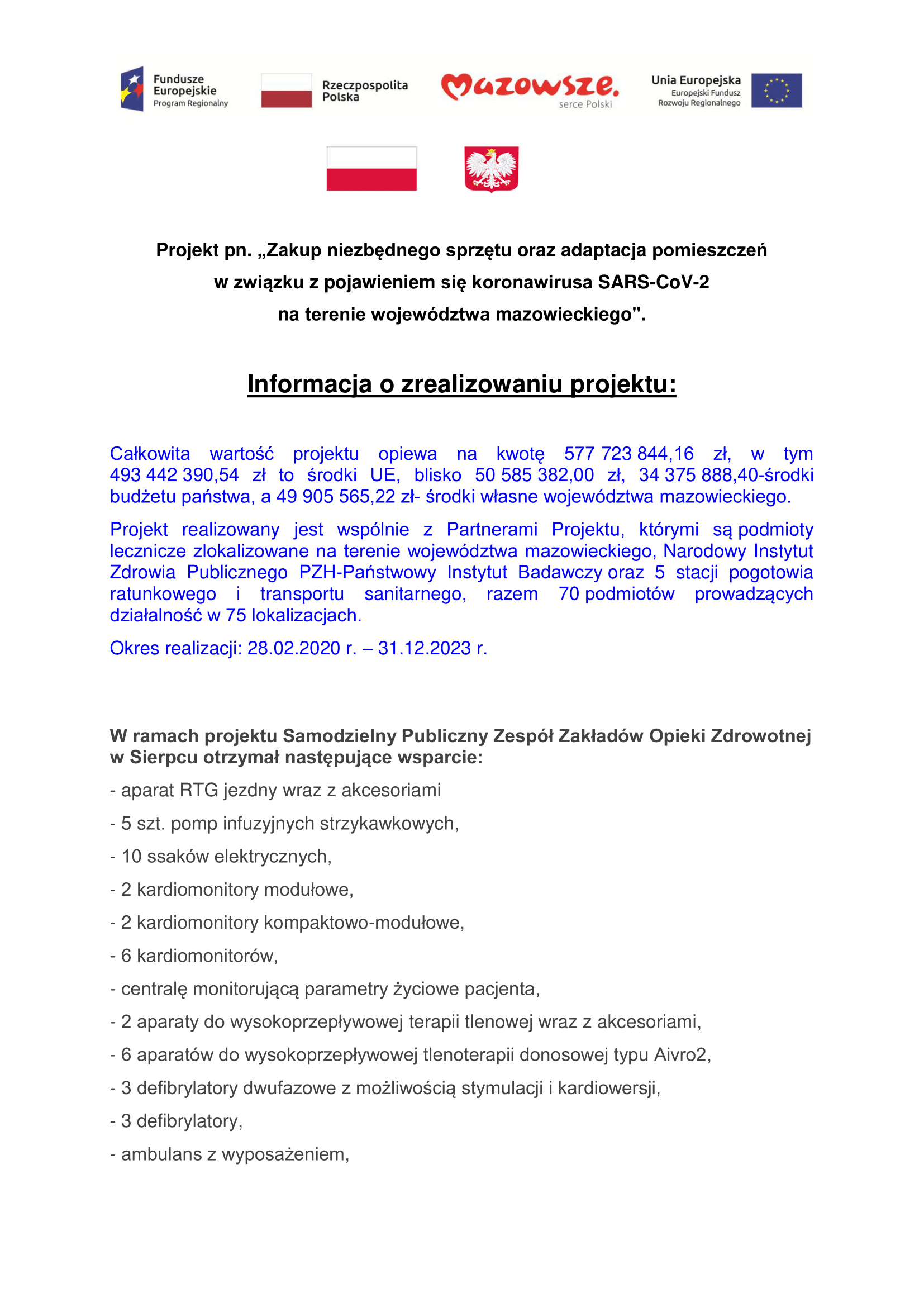 Zakup niezbdnego sprztu oraz adaptacja poomieszcze w zwizku z pojawieniem si koronawirusa SARS CoC 2 1