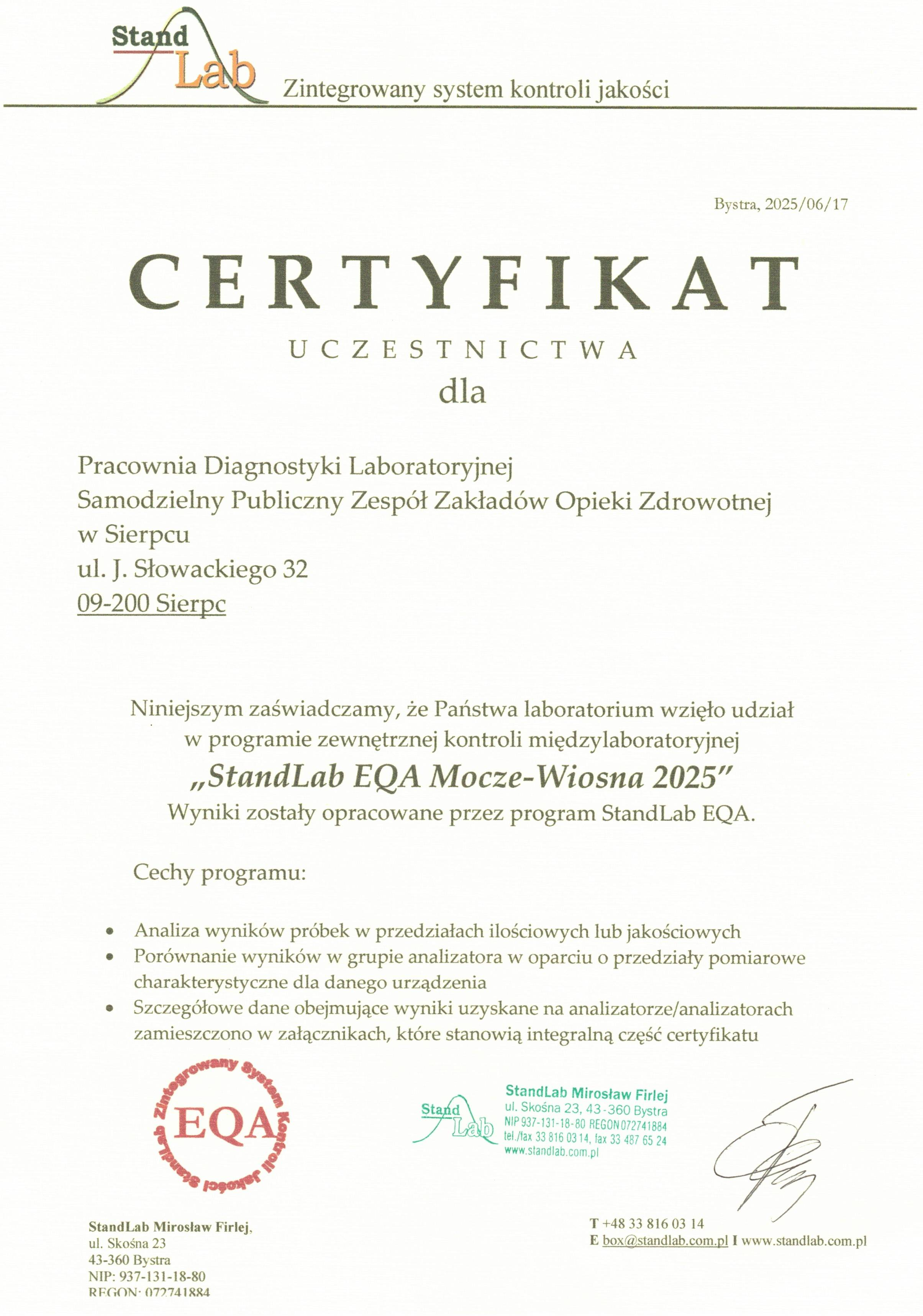 Standlab certyfikat
