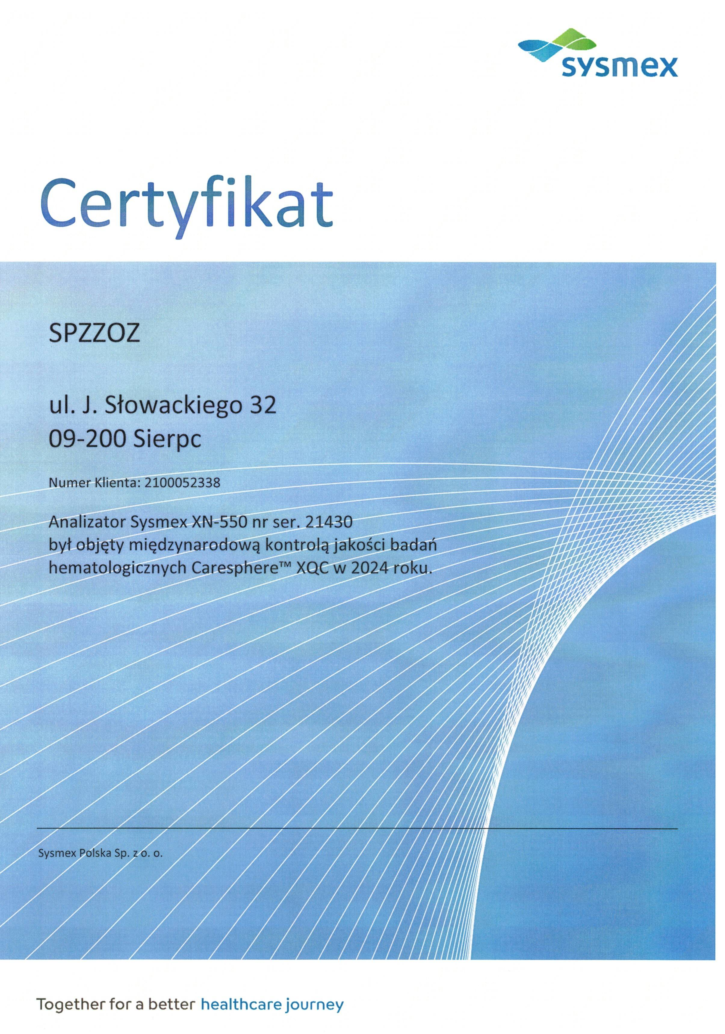 Sysmex xn550 certyfikat